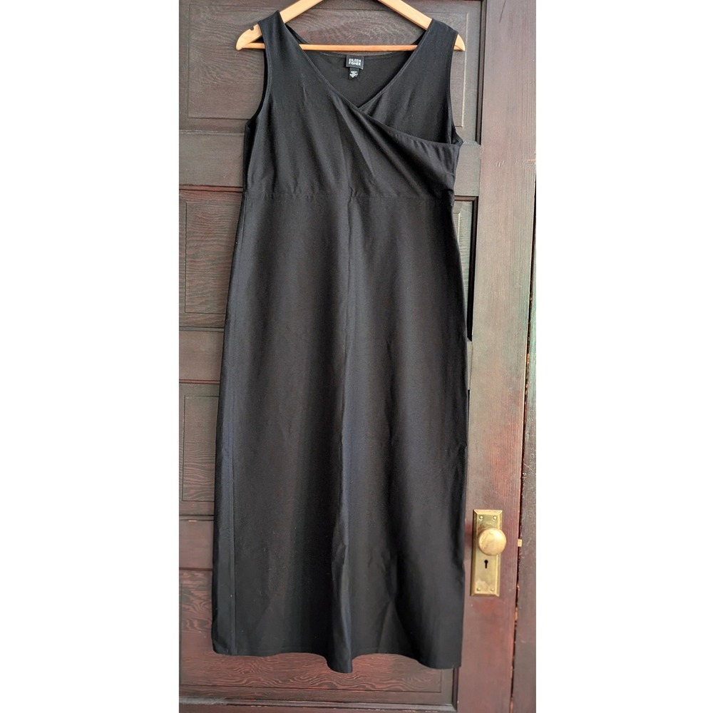 Eileen Fisher Black Viscose Stretch Crossover V-Neck Sleeveless Midi Dress M